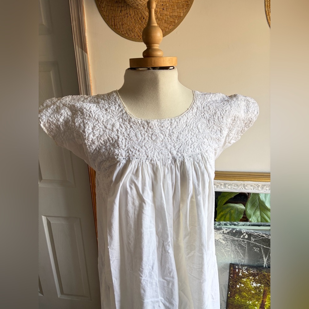 Vintage 70s Handmade White Embroidered Mexican Maxi Dress bridal